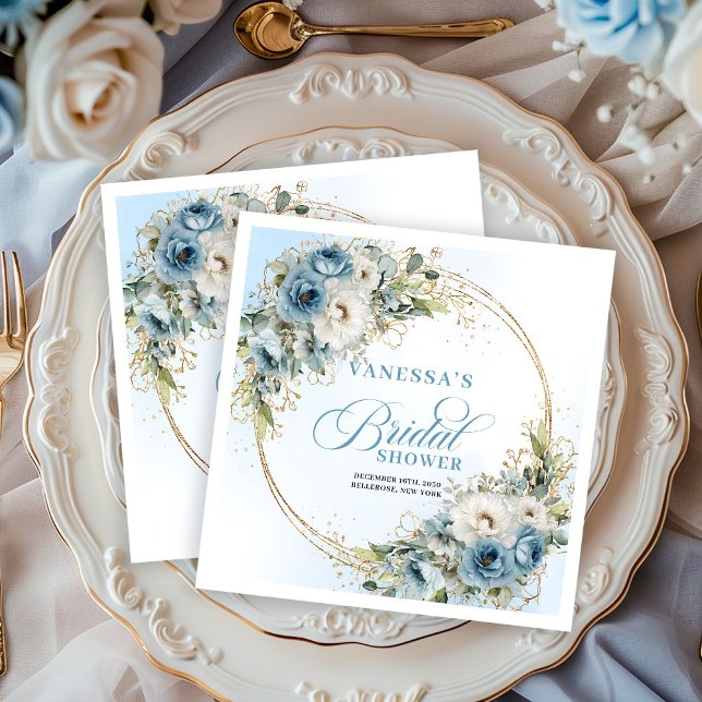 Elegant boho dammig blå blommor eukalyptus guld fe pappersservett (Boho dusty blue flowers eucalyptus gold party napkins

)