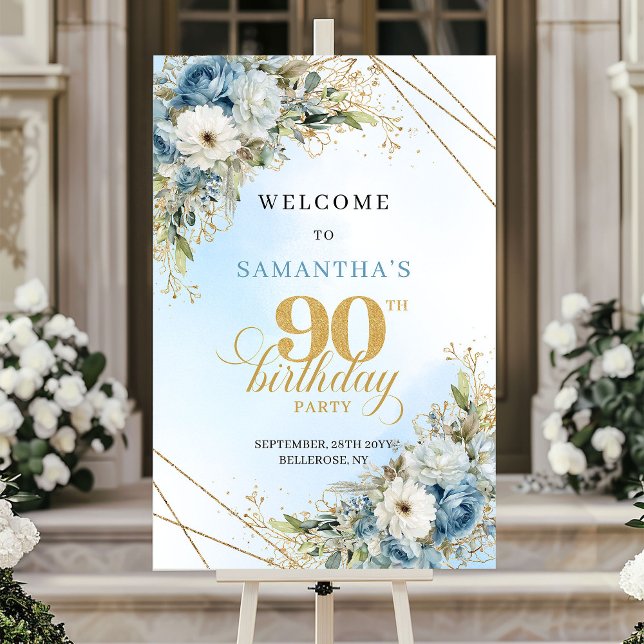 Elegant Boho dammig blå guld 90-årsdag välkommen Poster (dusty blue flowers 90TH BIRTHDAY,
winter wreath RUSTIC digital poster,
bohemian boho trendy colors w)