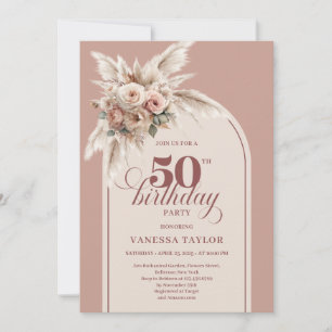Elegant Boho Dammrosa Pampas Blommig 50-årsfest Inbjudningar