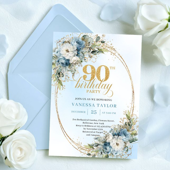 Elegant Boho Dammtor Blå Blommig Guld 90-årsdag Inbjudningar (Delicate Boho Dusty Blue Floral 90th Birthday)