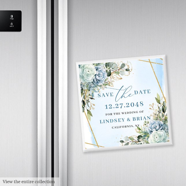 Elegant Boho Dammtorblå Blommig Guld Spara Datum Magnet (Elegant Dusty Blue Floral Gold Save The Date Magnet

)