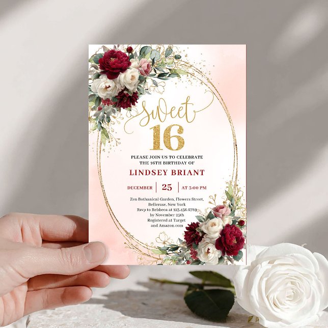 Elegant Boho Dark Red Gold Floral Sweet Sixteen  Inbjudningar (Elegant Boho Dark Red Gold Floral Sweet Sixteen Invite)