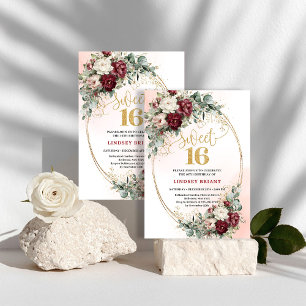 Elegant Boho Djup Röda Peonies Sweet Sixteen Inbju Inbjudningar
