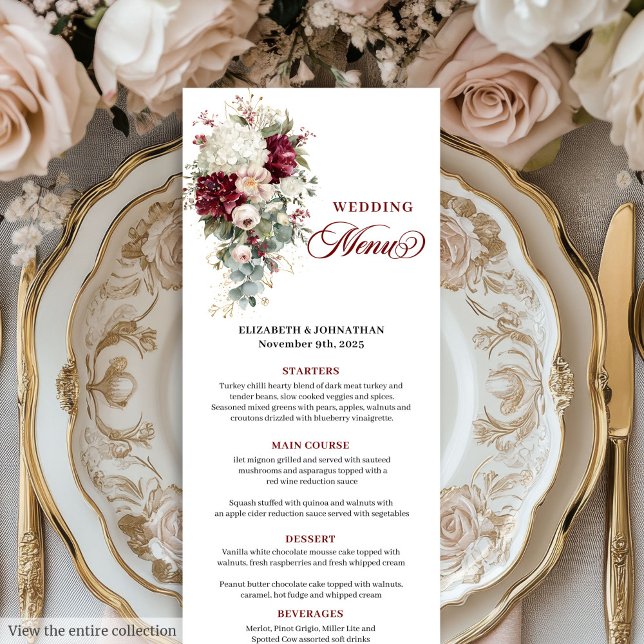 Elegant boho, djupt röd guld chic bröllop meny (Elegant boho deep red gold roses chic wedding menu)