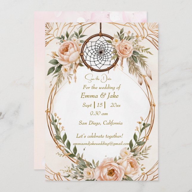 Elegant Boho Dreamcatcher-Blommigten Spara datumbi Julkort (Fram/baksida)