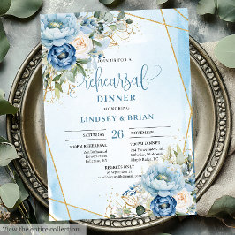 Elegant Boho Dusty Blue Blommigt Guld Rehearsal Inbjudningar