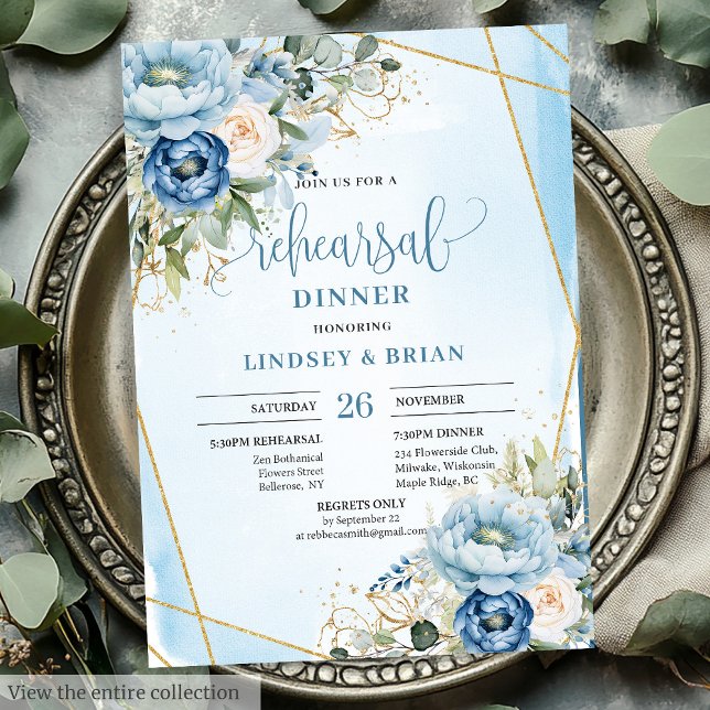 Elegant Boho Dusty Blue Blommigt Guld Rehearsal Inbjudningar (Elegant Dusty Blue Floral Gold Rehearsal Invitation)