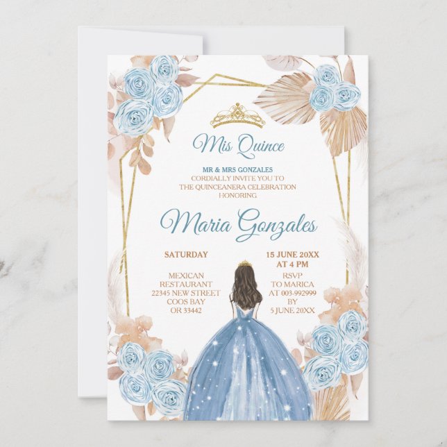 Elegant Boho Dusty Blue Blommigt Princess Sweet 15 Inbjudningar (Framsida)