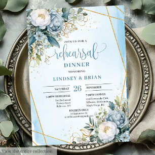 Elegant Boho Dusty Blue Eucalyptus Guld Rehearsal Inbjudningar