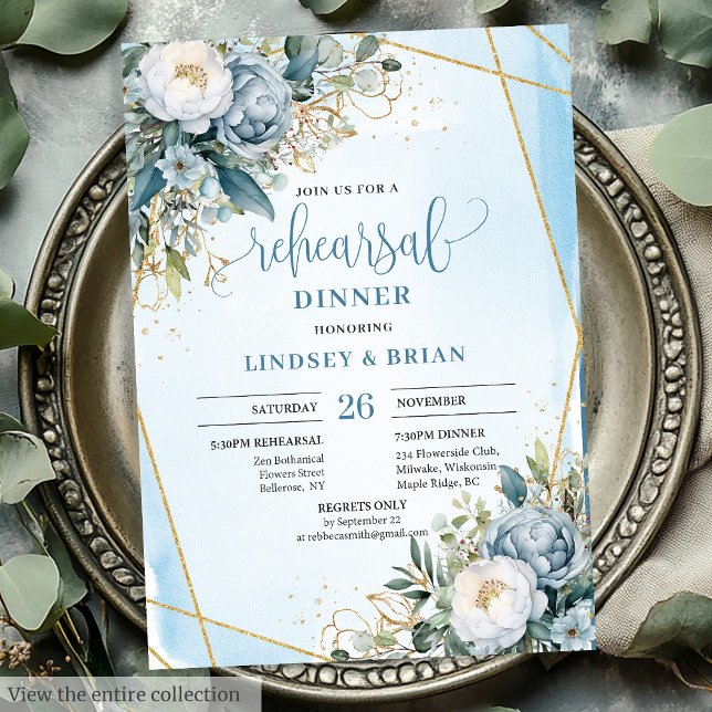 Elegant Boho Dusty Blue Eucalyptus Guld Rehearsal Inbjudningar (Elegant Dusty Blue Eucalyptus Gold Rehearsal Invite)