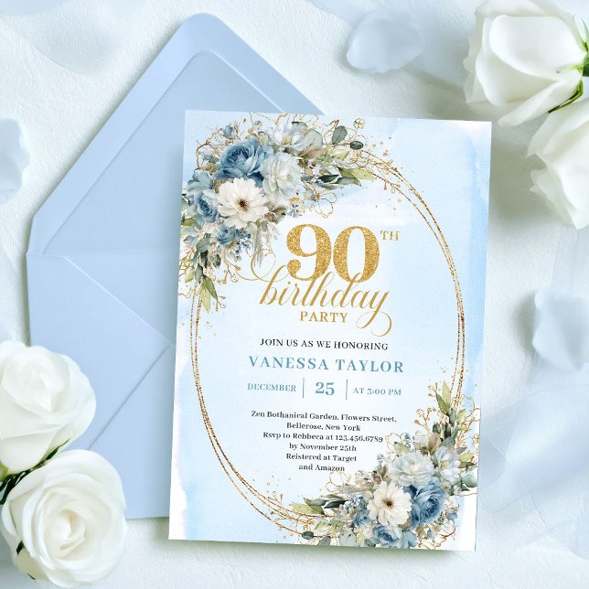 Elegant Boho Dusty Blue Floral Gold 90th Birthday Inbjudningar (Elegant Boho Dusty Blue Floral Gold 90th Birthday Invitation)