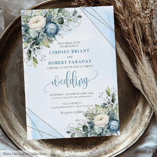 Elegant Boho Dusty Blue Silver Flowers Bröllop Inbjudningar