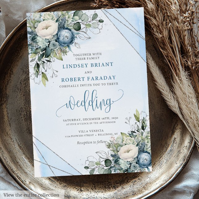 Elegant Boho Dusty Blue Silver Flowers Bröllop Inbjudningar (Elegant Boho Dusty Blue Silver Flowers Wedding Invitation)