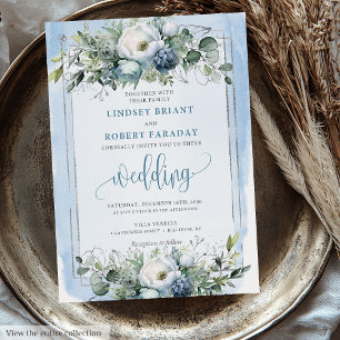 Elegant Boho Dusty Blue White Silver Peonies Ro Inbjudningar