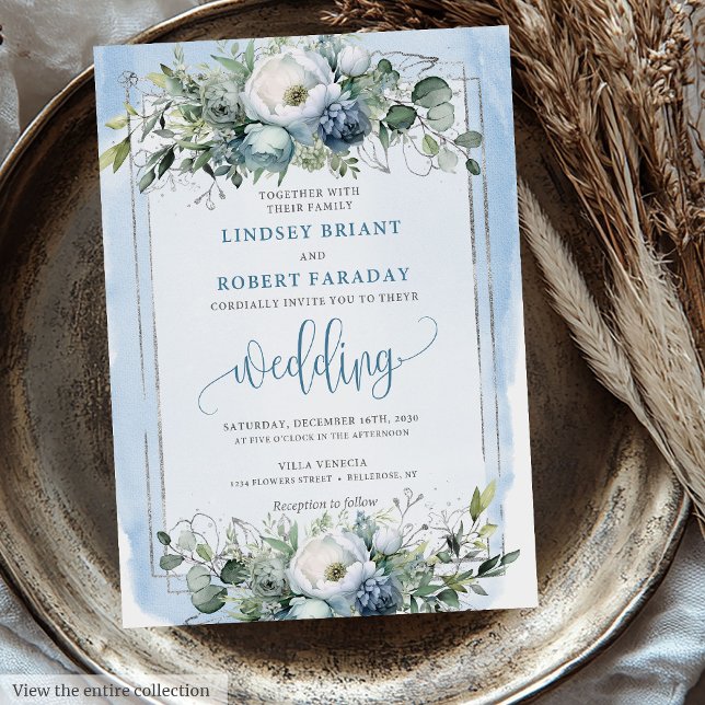 Elegant Boho Dusty Blue White Silver Peonies Ro Inbjudningar (Elegant Boho Dusty Blue White Silver Peonies Wedding Invitation)