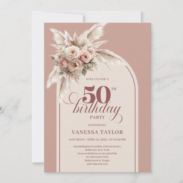 Elegant Boho Dusty Pink Pampas Floral 50 Birthday Inbjudningar (Framsida)