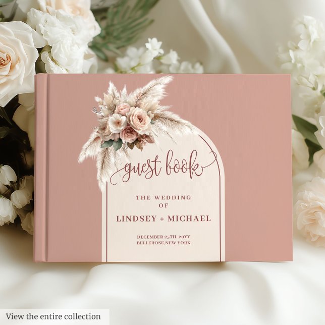 Elegant Boho Dusty Rosa Pampas Arch Ro Bröllop Gästböcker (Elegant Boho Dusty Pink Pampas Arch Roses Wedding Guest Book)