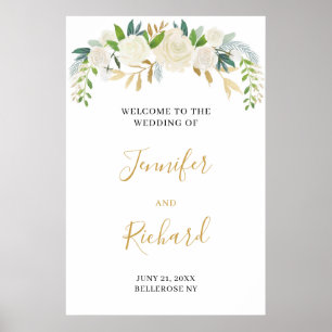 Elegant boho elfenben blommigt guld bröllop välkom poster