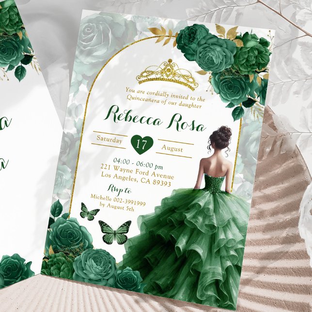 Elegant Boho Emerald Grönt Blommigt Quinceañera Inbjudningar (Skapare uppladdad)