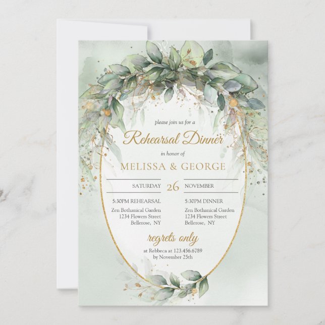 Elegant boho eucalyptus greenery guld rehearsal inbjudningar (Framsida)