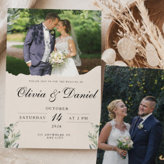 Elegant Boho Eukalyptusblad & Foto Bröllop Inbjudningar