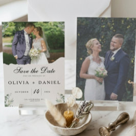 Elegant Boho Eukalyptusblad Foto Bröllop Spara Datumet