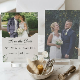 Elegant Boho Eukalyptusblad Foto Bröllop Spara Datumet