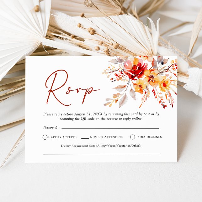 Elegant Boho Fall Blommigt QR-kodkort Bröllop OSA Kort (Elegant rustic fall floral wedding RSVP card with QR code on reverse)