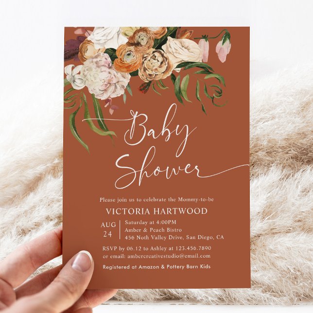 Elegant Boho Fall Blommigts Terracotta Baby Shower Inbjudningar (Skapare uppladdad)