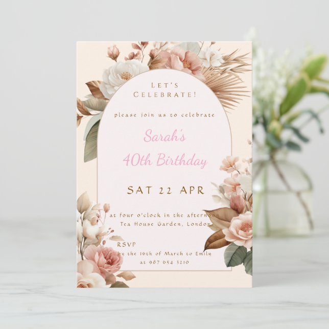 Elegant Boho Floral Birthday Invite Inbjudningar (Stående Fram)
