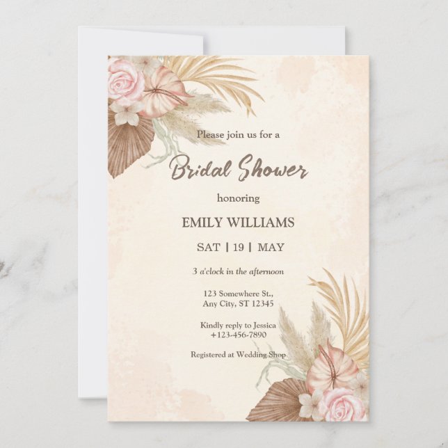 Elegant Boho Floral Pampas Grass Bridal Shower Inbjudningar (Framsida)
