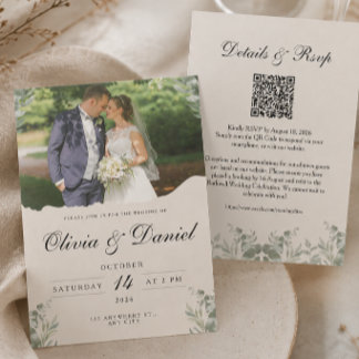 Elegant Boho Foto All in One med QR Bröllop Inbjudningar