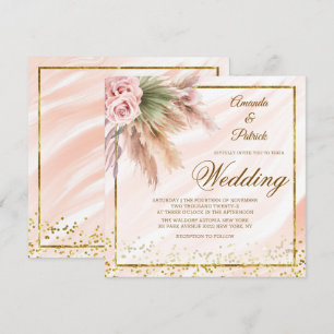Elegant Boho Framed Gold Foil Pampas Grass Bröllop Inbjudningar