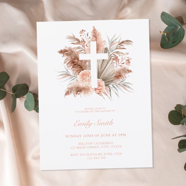 Elegant Boho Girl Blommigt Baptism Inbjudan Vykort (Skapare uppladdad)