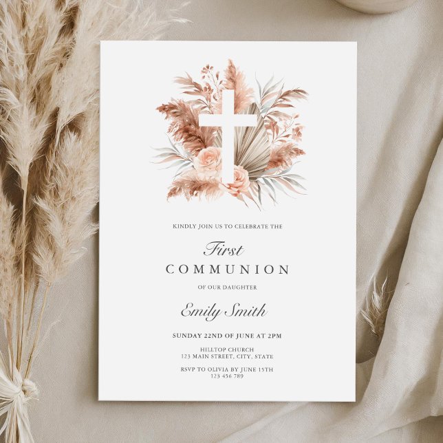 Elegant Boho Girl Blommigt First Communion Inbjudningar (Skapare uppladdad)