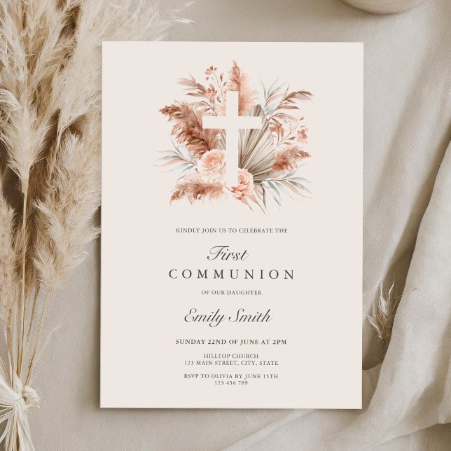 Elegant Boho Girl Blommigt First Communion Inbjudningar (Skapare uppladdad)