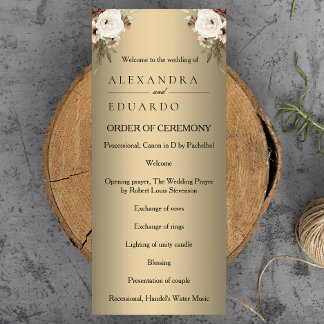 Elegant Boho Golden Blommigt Bröllopsprogram Program
