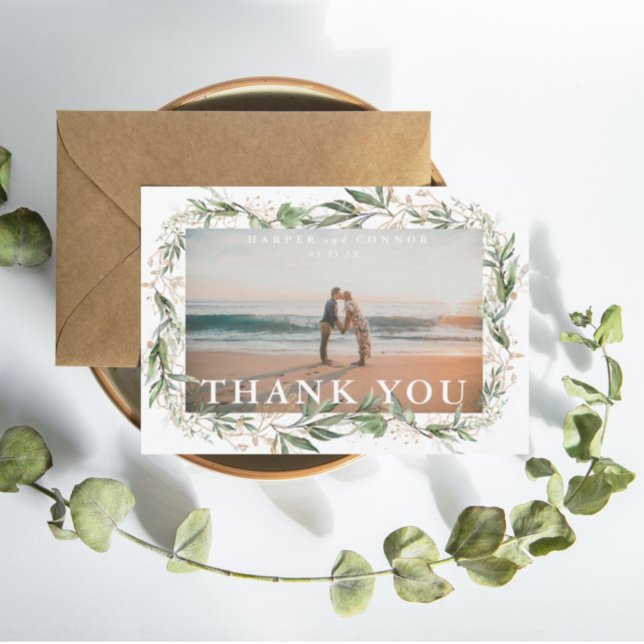 Elegant Boho Golden Sage Eucalyptus Greenery Photo Tack Kort (Skapare uppladdad)