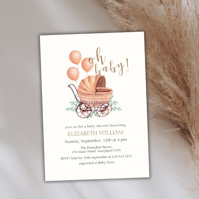 Elegant Boho Greenery Barnvagn Balloon Baby Shower Inbjudningar (Elegant Boho Greenery Stroller Balloon Baby Shower Invitation)
