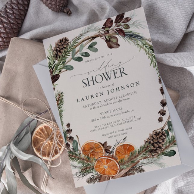 Elegant Boho Greenery Citrus Fall Wedding Shower Inbjudningar (Set the tone for an amazing winter bridal shower with this boho citrus design easily personalized)