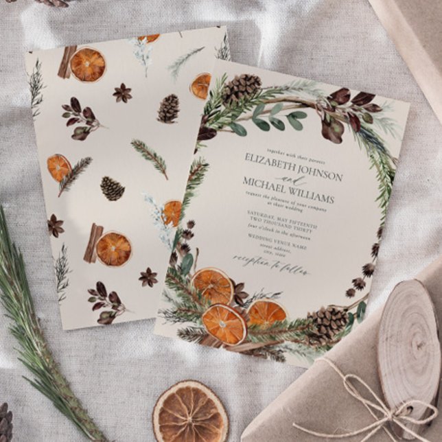 Elegant Boho Greenery Citrus Winter Wedding Inbjudningar (Easily personalize this formal bohemian citrus invitation for the perfect fall or winter wedding)