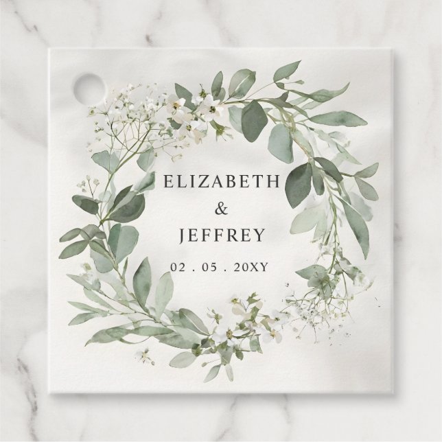 Elegant Boho Greenery Eucalyptus Bröllop Gåvor Etiketter (Framsida)