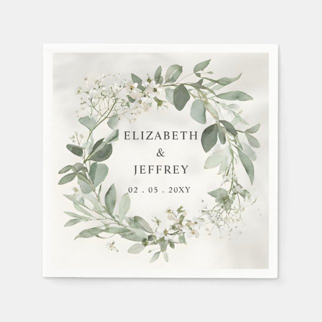 Elegant Boho Greenery Eucalyptus Bröllop Pappersservett (Framsidan)