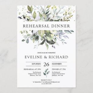Elegant boho greenery foliage rehearsal middag inbjudningar