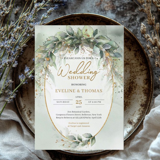 Elegant boho greenery och guld Möhippa Inbjudningar (watercolor green eucalyptus wreath wedding shower invitation digital)