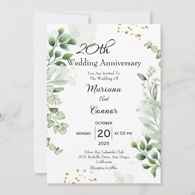 Elegant Boho Greenery Wedding Anniversary  Inbjudningar (Framsida)