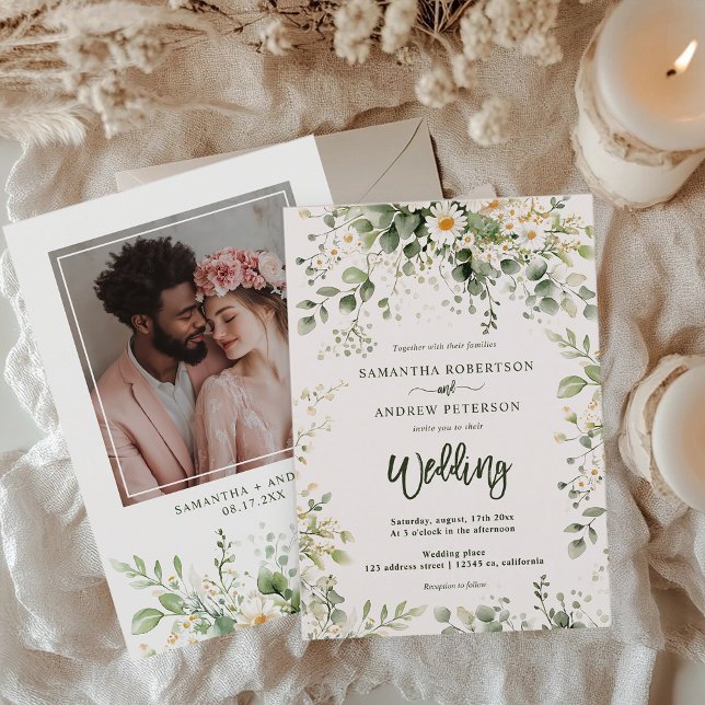 Elegant Boho Greenery Wildblomfoto Bröllop Inbjudningar (Elegant Boho Greenery Wildflower Photo Wedding Invitation)
