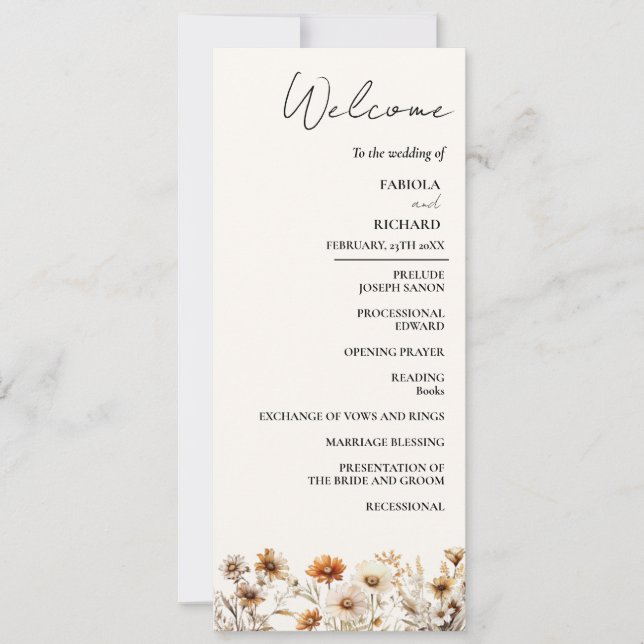 Elegant Boho Grönt Wildblomma Bröllopsprogram Card Inbjudningar (Framsida)
