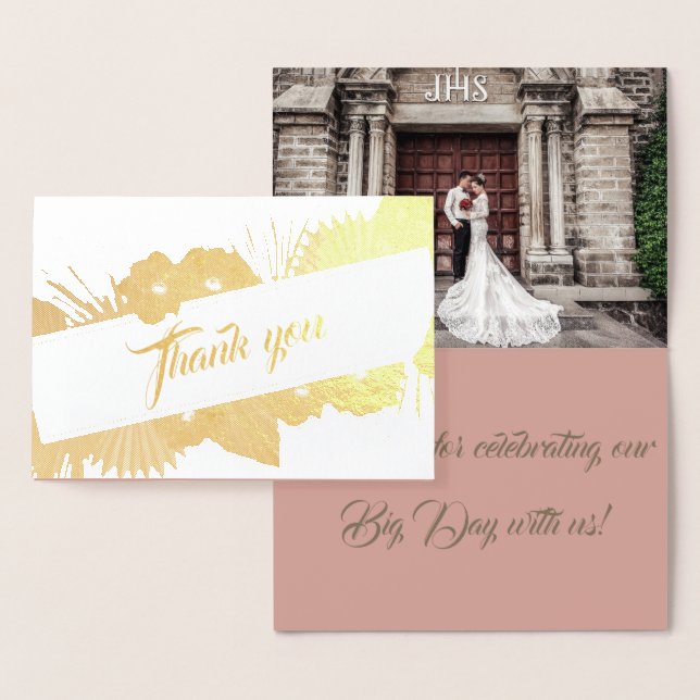 Elegant Boho Guld Blommigt Photo Bröllop Tack Folierat Kort (Display)