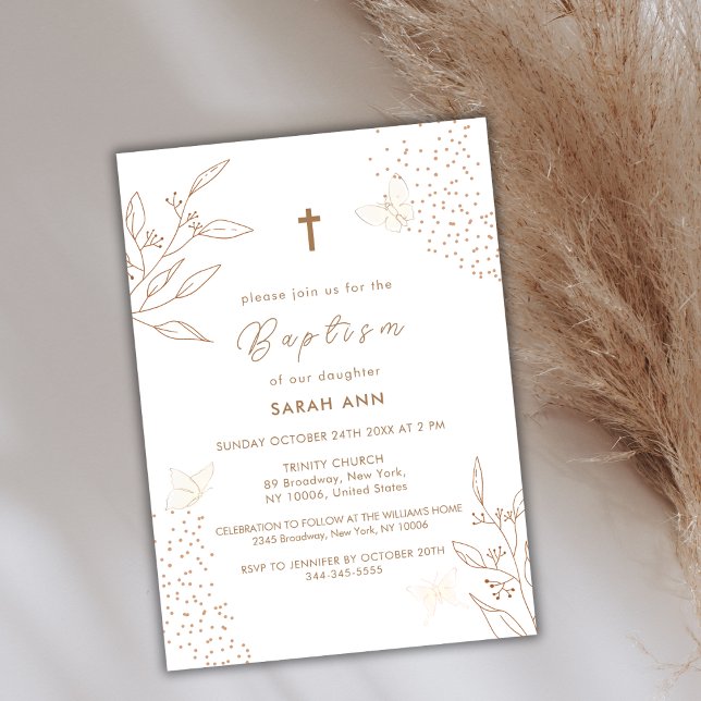 Elegant Boho Guld Löv Butterfly Kor Baptism Inbjudningar (Elegant Boho Gold Leave Butterfly Cross Baptism Invitation)